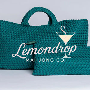 Large teal woven tote bag with matching pouch, made of synthetic material, perfect for beach or shopping.