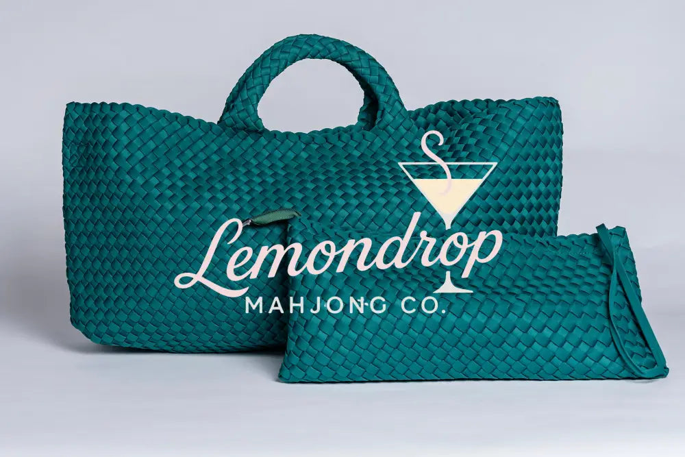 Large teal woven tote bag with matching pouch, made of synthetic material, perfect for beach or shopping.